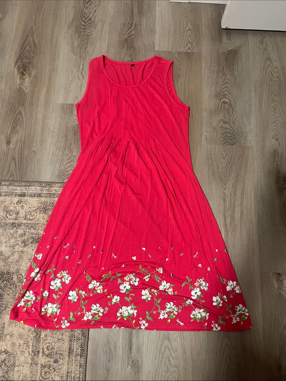 Amazon Sleeveless Bright Red Midi Dress with Floral Hem